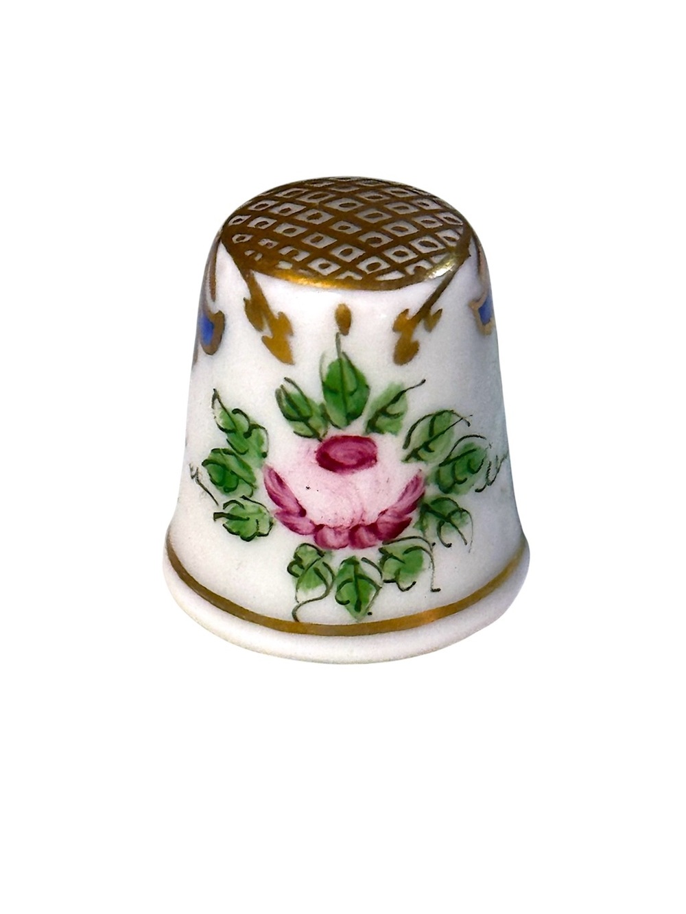 Limoges France Mid-60’s Peint Main Roses & Blue Fleurs Porcelain Thimble Signed